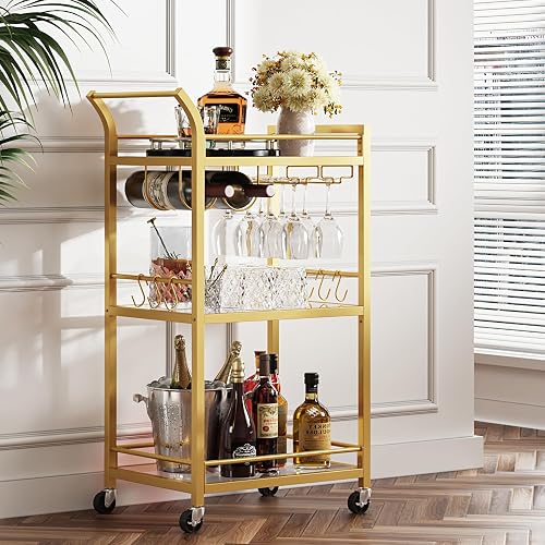 TUTOTAK Bar Cart, Home Bar Serving Cart with 3-Tier Mirrored Shelf, Wi — Key features at a glance