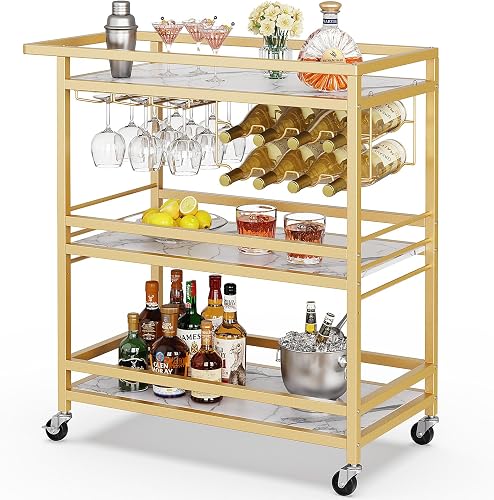Leteuke Bar Cart for Home, 3 Tier Gold Serving Rolling Carts with Whee — Manufacturer product photo — best gold bar carts home ent