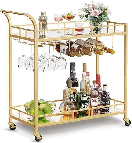 VASAGLE Bar Cart Gold, Home Bar Serving Cart, Wine Cart with 2 Mirrore — Build quality and design details up close