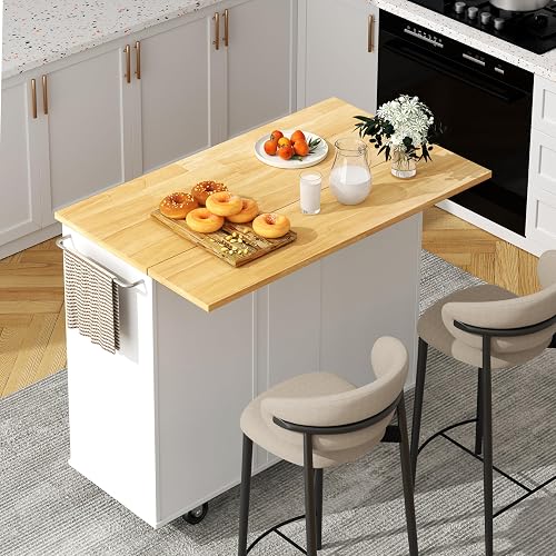 Shintenchi Kitchen Island with Folding Drop Leaf, Rolling Island Table — Design and materials in detail